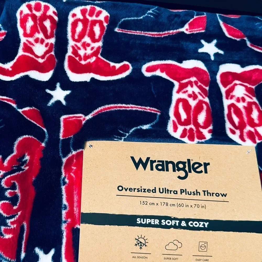 Wrangler Western Cowboy Boots Blue Red Ultra Plush Throw Blanket